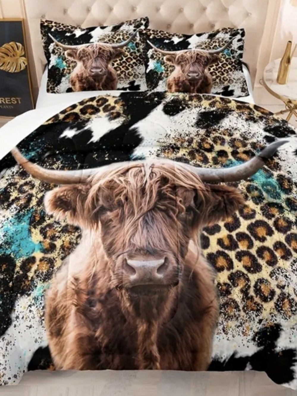 3pc Highland Cow Print Comforter Set - Brown & Turquoise Accent
